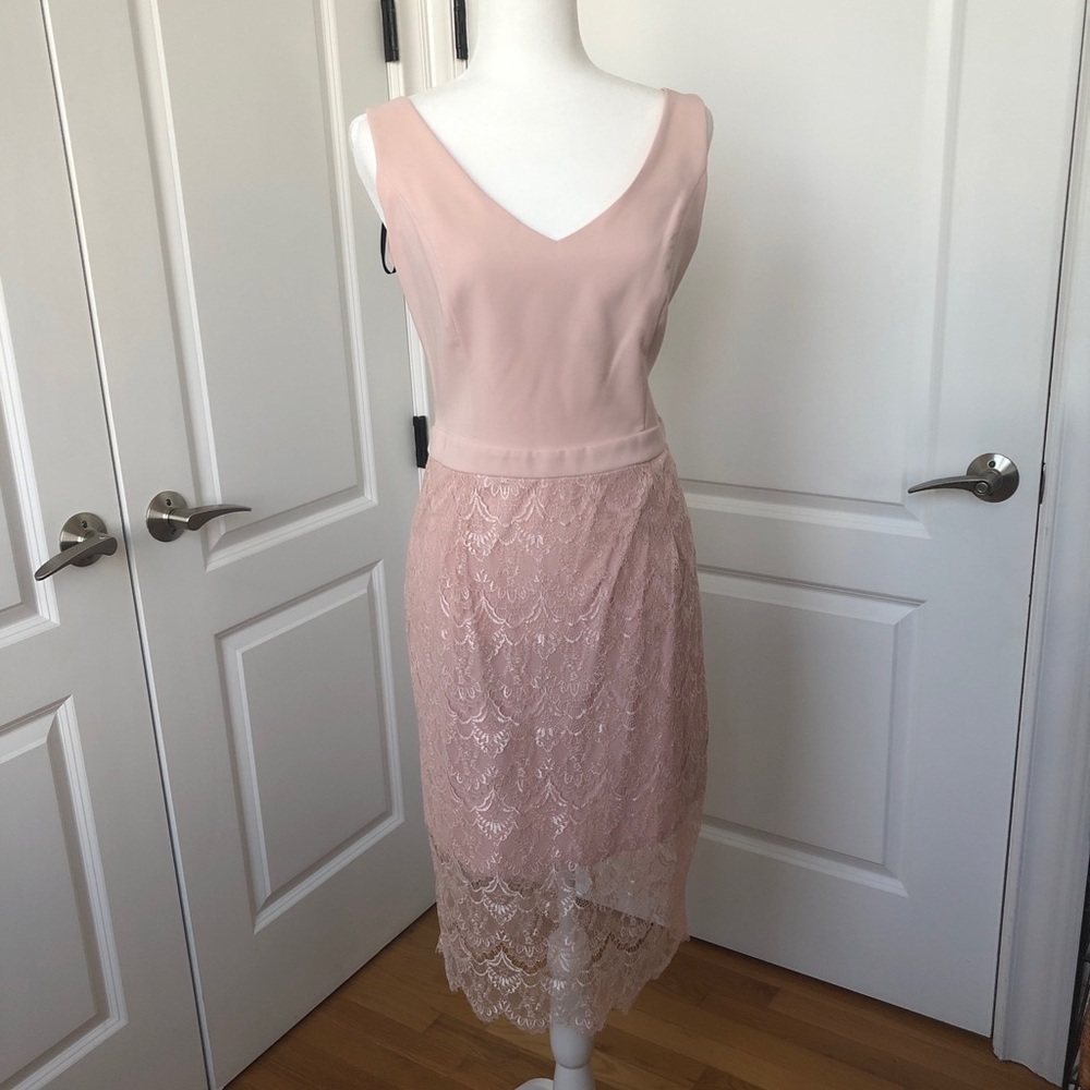 Kardashian blush and lace dress. Midi with v neck